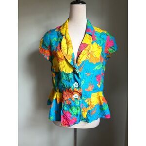 Nanette Lepore 10 Peplum‎ Blouse Tropical Floral y2k boho fairy resort wear blue